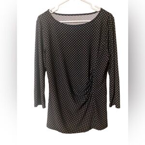 Talbots Top Shirt Women’s Medium Black Ruched 3/4 Sleeve Stretch Geometric Print